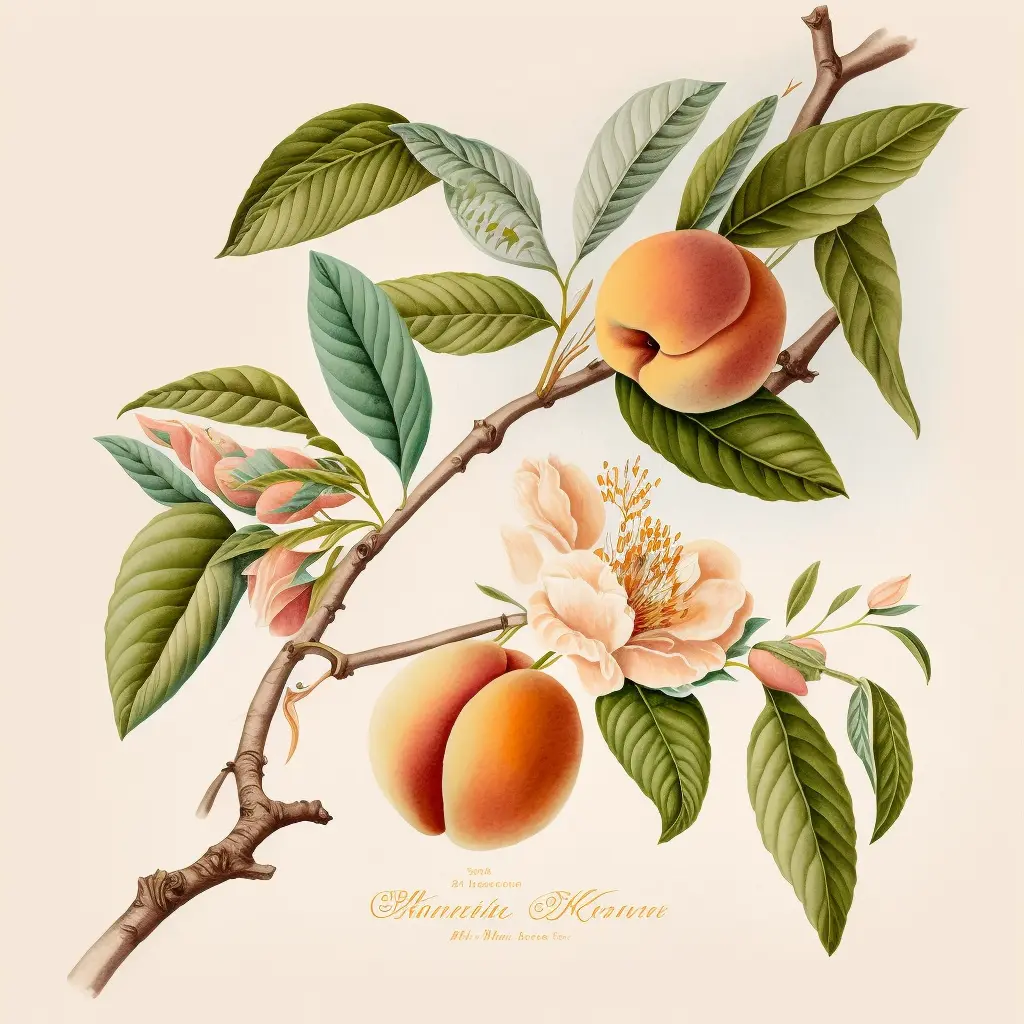 peach tree branch, botanical illustration, white background, style of Margaret Mee